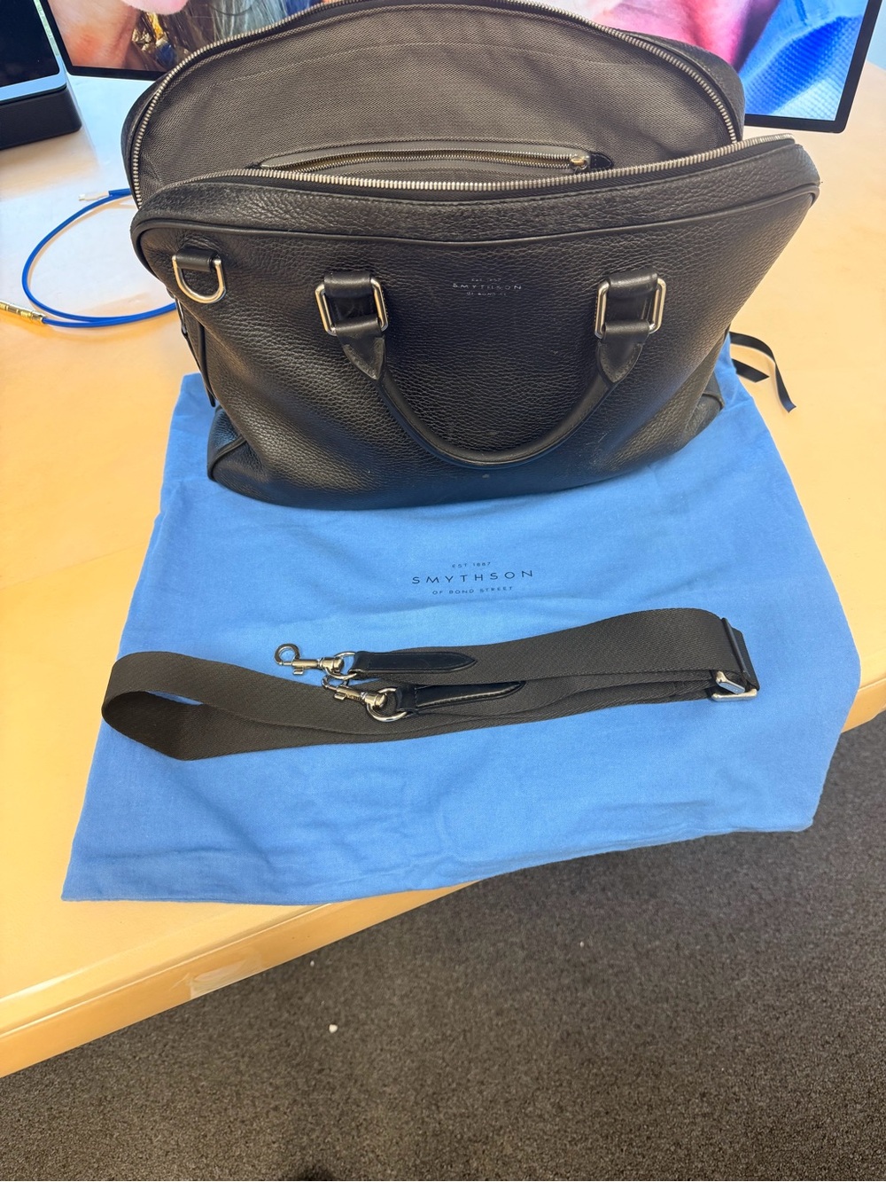 Smythson Burlington Black Pebbled Briefcase with Detachable Strap, Custom insert